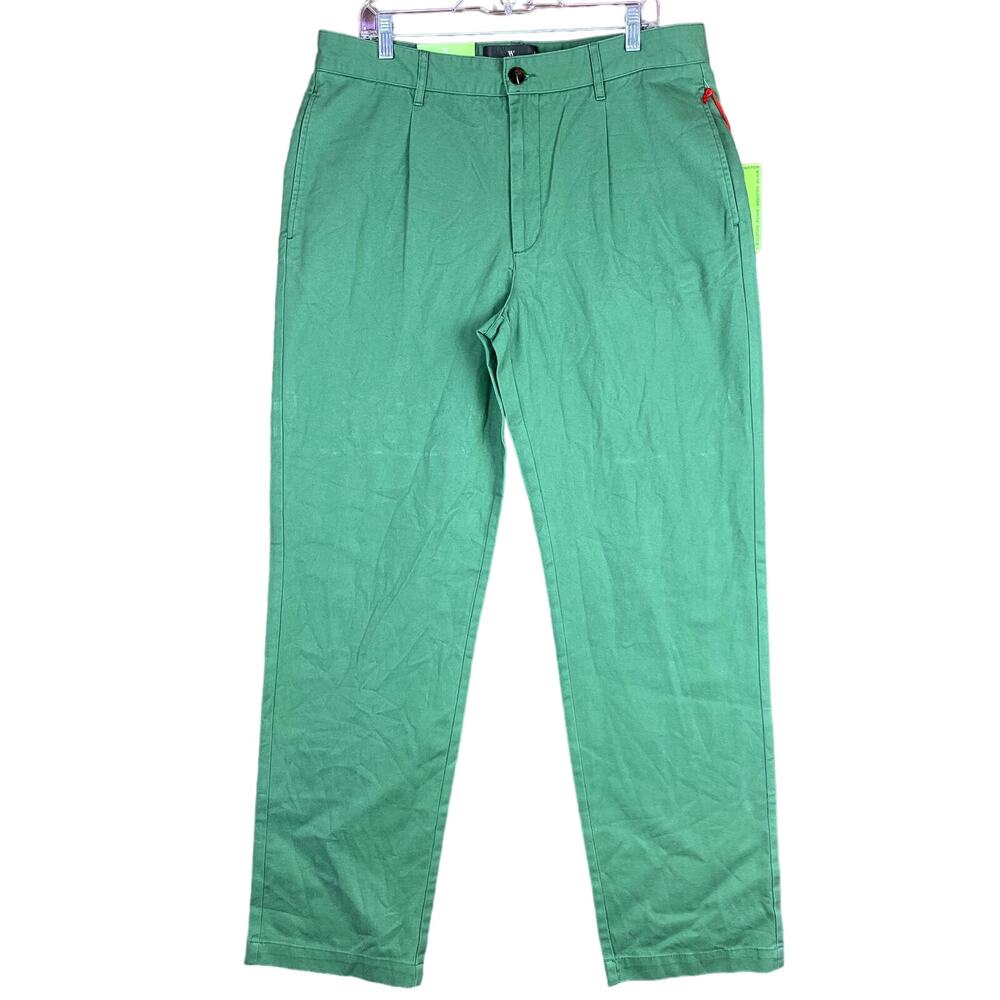Houston White Mens Chinos Green Single Pleated Wide Leg Cotton NWT 36x34